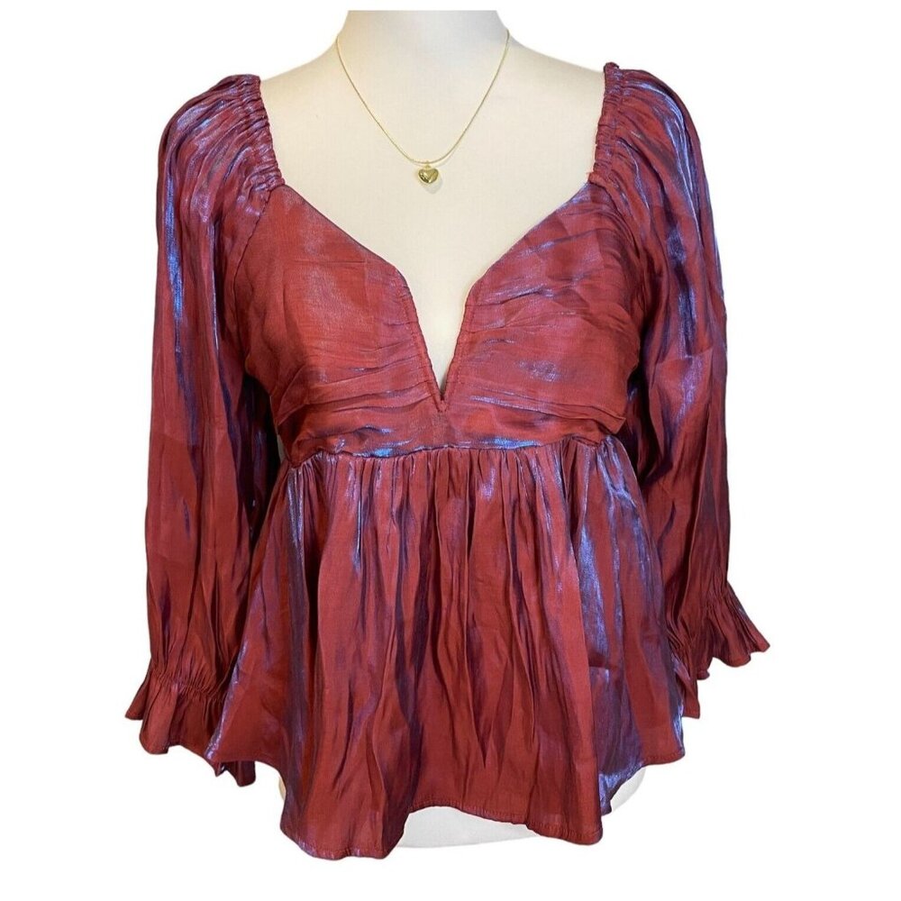Entro Marsala Iridescent Babydoll Top Smocked Balloon Sleeve  Sz L NWT